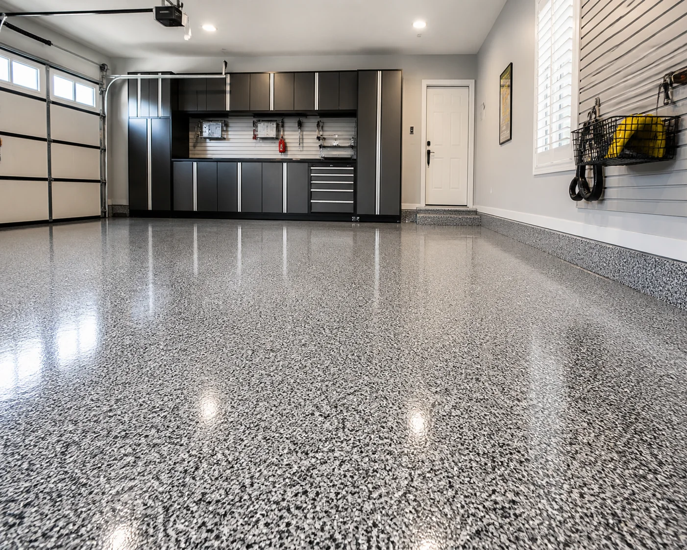 Finished decorative garage floor coating in a bright garage